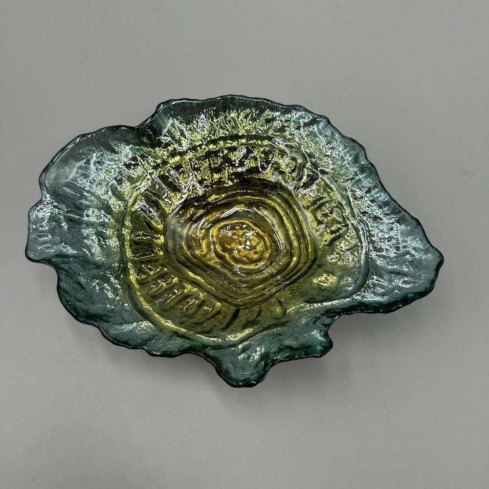 MCM Green Amber Art Glass Bowl Ashtray Freeform Vintage 8" Catchall Trinket Dish